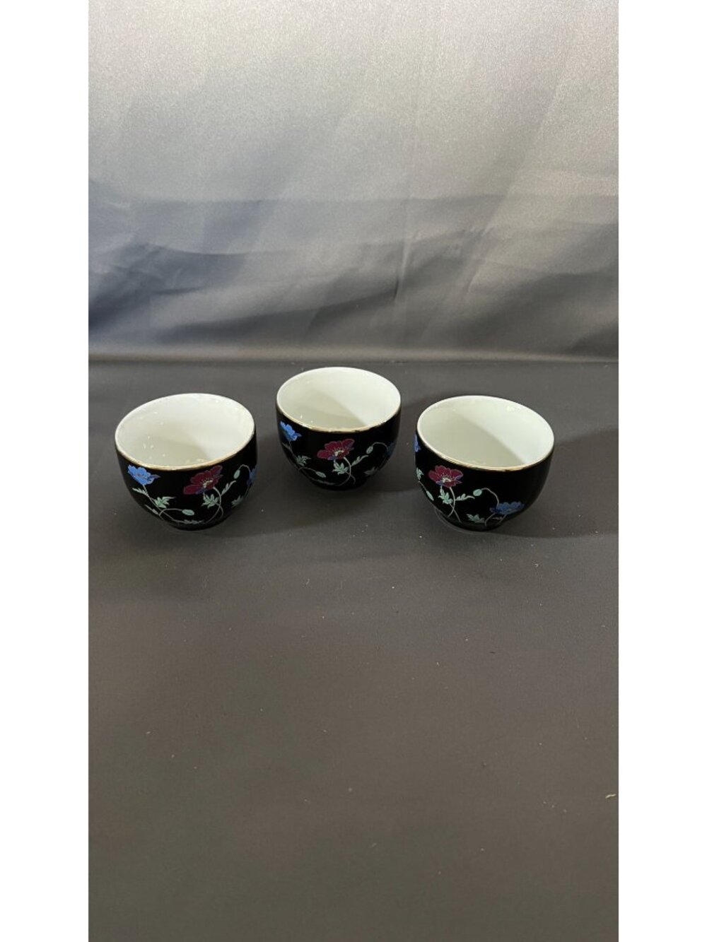 Porcelain Japanese Tea Cups Set Of 3 Black Floral Design Vintage